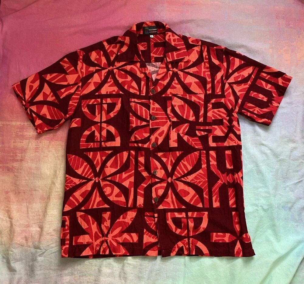 Vintage Hawaiian Barkcloth Neon Tiki Camp Shirt Floral Mens 90s Does 60s Size S